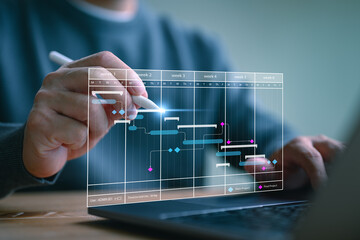 Leinwandbilder - Project management concept. Site manager working with Gantt chart schedule to plan tasks and progress. Planning software. Corporate strategy for construction, finance, operations, sales, marketing.