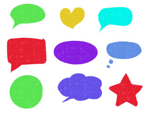Poster - Colorful crayon textured shapes collection with speech bubbles and geometric forms, star and heart symbol. Grunge border with hand drawn look for message frames, text box and social media design.