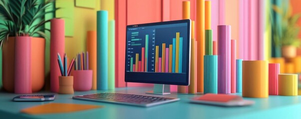 Poster - a vibrant workspace featuring a monitor displaying colorful graphs, surrounded by pastel-colored cyl
