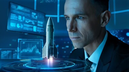 Poster - A focused individual observes a digital rocket launch in a high-tech control room.