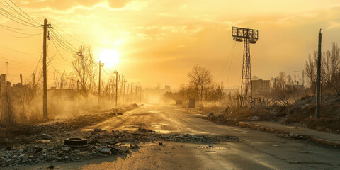 Poster - A desolate road with a power pole in the middle