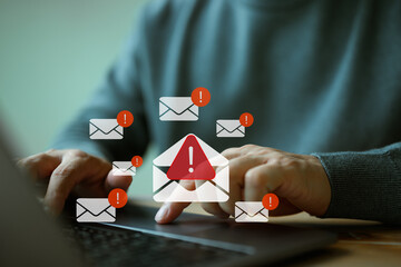 Poster - cyber crime security concept. hand using laptop show malware screen attach from email. hack, steal p
