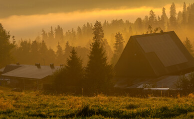 Wall Mural - beautiful, misty sunrise over a mountain village in the carpathian mountains.poland