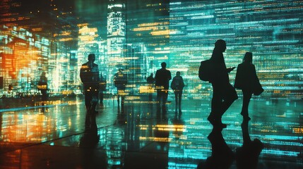 Aufkleber - Silhouetted figures against a digital cityscape, symbolizing technology and connectivity.
