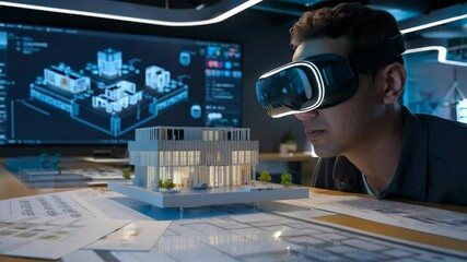 Poster - A scientist using virtual reality to analyze a satellite model in a high-tech lab.