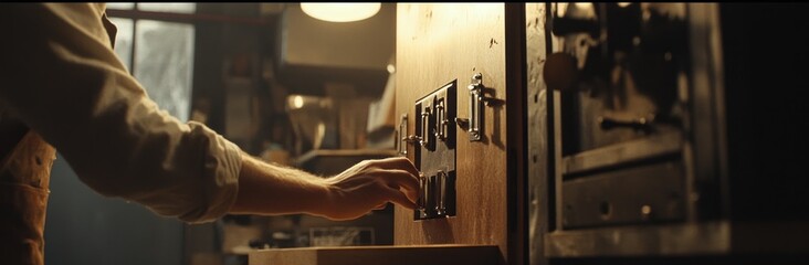 Poster - A hand adjusting controls on a machine in a workshop setting.