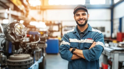 Poster - A smiling mechanic in a workshop, showcasing a positive work environment.