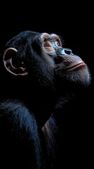 Aufkleber - A close-up of a chimpanzee's face, illuminated against a dark background.
