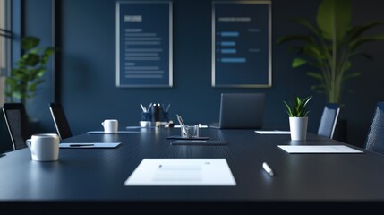 Poster - A modern conference room setup with documents, plants, and a laptop for meetings.