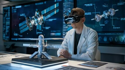 Aufkleber - a person using vr technology to design a building model with digital blueprints displayed.
