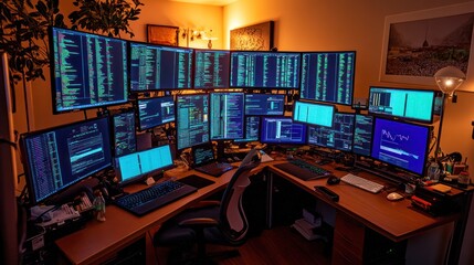 Aufkleber - A high-tech workspace with multiple monitors displaying data and analytics.