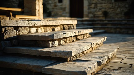 Poster - A close-up of stone steps leading to a rustic building, showcasing craftsmanship and design.