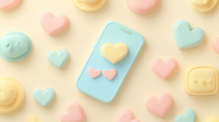 Poster - A pastel-themed arrangement featuring a smartphone and heart-shaped icons.
