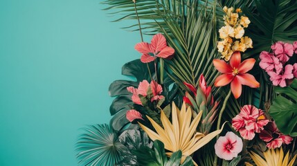 Poster - Vibrant tropical flowers and leaves against a turquoise background.