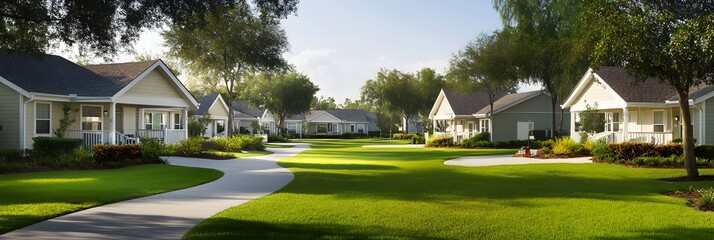 peaceful retirement community with single-story homes, well-manicured lawns, and a central clubhouse