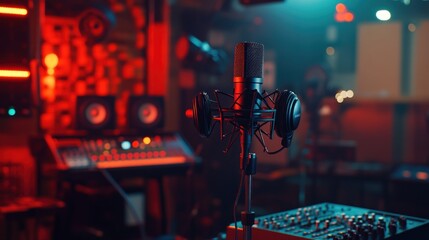 Aufkleber - A microphone with headphones in a vibrant music studio setting.