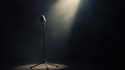 Poster - A solitary microphone on a stand illuminated by a spotlight in a dark setting.