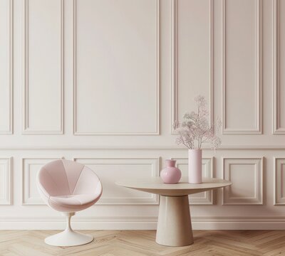 A white room with a beige armchair, a white side table, and a vase of pink flowers