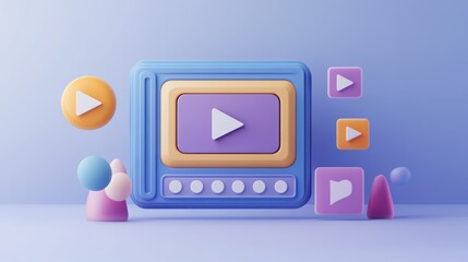 Aufkleber - A colorful, 3D representation of a multimedia player with various play buttons and shapes.