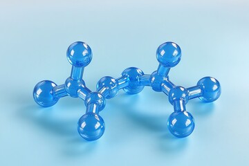 Poster - 3D render of a translucent blue molecule model on a light blue background.