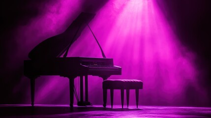 Poster - A grand piano illuminated by purple light, creating a dramatic and artistic atmosphere.