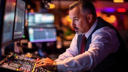 Poster - A focused professional adjusting audio controls in a high-tech environment.