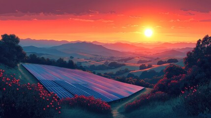 Canvas Print - Scenic Landscape with Solar Panels at Sunset, Vibrant Sky, Mountain Range and Lush Greenery, Sustainable Energy Concept