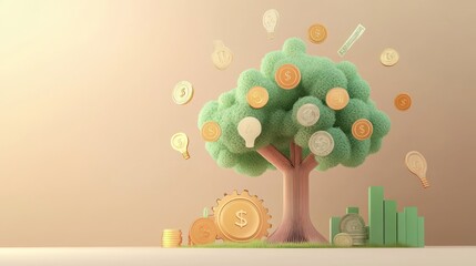 Poster - A stylized tree made of coins and light bulbs symbolizes growth and financial ideas.