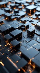 Leinwandbilder - Abstract 3D rendering of interconnected dark metallic cubes with glowing orange lines, representing a complex network or circuit board.