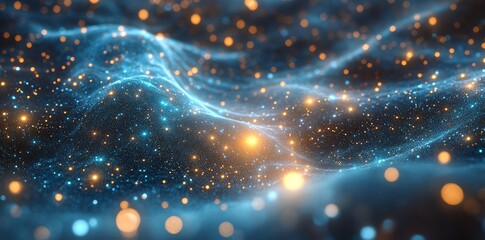 Aufkleber - Abstract blue and orange glowing particle wave background.