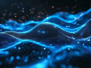 Poster - Abstract blue glowing wave particle background.