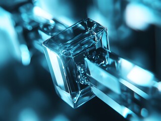 Aufkleber - Abstract close-up of a translucent cube connected to glass rods, with a blurred teal background.