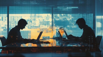 Poster - Two individuals working on laptops in a modern office setting, illuminated by digital screens.