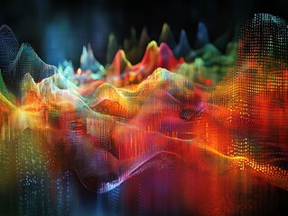 Poster - abstract colorful digital landscape with flowing data waves and vibrant hues.
