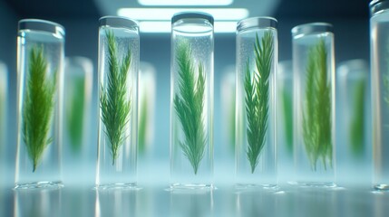 Poster - Test tubes containing green plants submerged in liquid, suggesting scientific research.