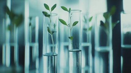 Poster - Test tubes with sprouting plants, illustrating growth and experimentation in a scientific setting.