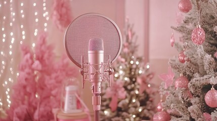 Poster - A pink-themed recording setup with a microphone and festive trees.