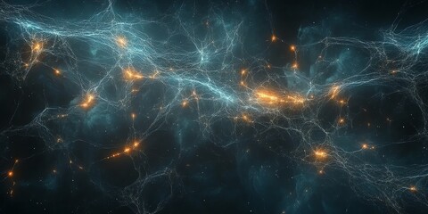 Poster - Abstract cosmic network with glowing nodes and filaments.