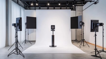 Poster - A photography studio setup with lights and a backdrop for product or portrait shoots.