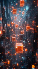 Leinwandbilder - Abstract digital art of glowing orange cubes falling in a dark, futuristic space.
