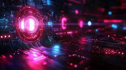 Aufkleber - Abstract digital circuit board with glowing pink and blue neon lights.