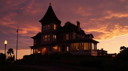 Poster - A silhouette of an ornate mansion against a vibrant sunset sky.