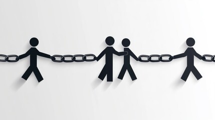 Poster - Abstract illustration of human figures connected by a chain, symbolizing unity, community, collaboration, teamwork, and support in a modern design style