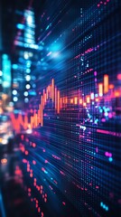 Fototapete - Abstract digital data stream with glowing financial charts and city lights in the background.