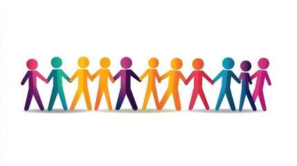 Poster - Bright and Colorful Silhouettes of Diverse People Holding Hands in Unity and Friendship, Representing Togetherness, Community, and Inclusion in Vibrant Colors