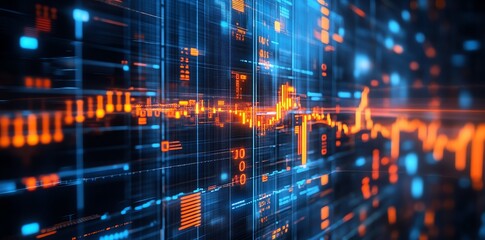 Fototapete - Abstract digital data stream with glowing orange and blue lines, numbers, and graphs.