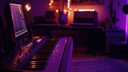 Poster - A cozy music studio featuring a keyboard, computer screen, and ambient lighting.