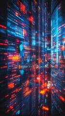 Fototapete - Abstract digital data stream; glowing lines and code in vibrant red, orange, and blue hues.