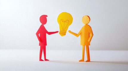 Poster - Two Paper Cutout Figures Exchanging a Lightbulb Symbolizing Idea Sharing and Creative Collaboration in a Minimalistic Style