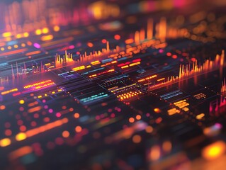 Leinwandbilder - Abstract digital data visualization with glowing lines and bars representing information flow and processing.